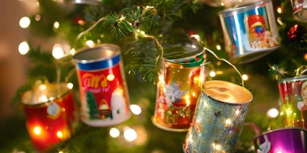 Canned food tins on a christmas tree with lights in the background.