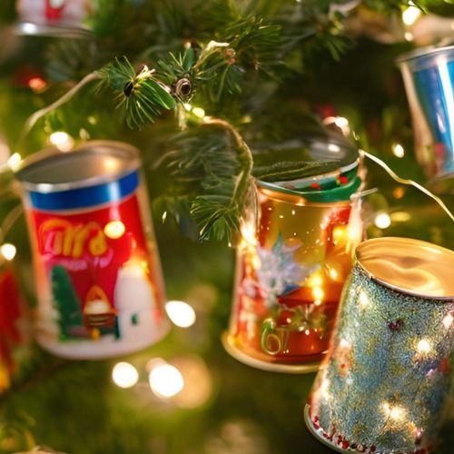 Canned food tins on a christmas tree with lights in the background.