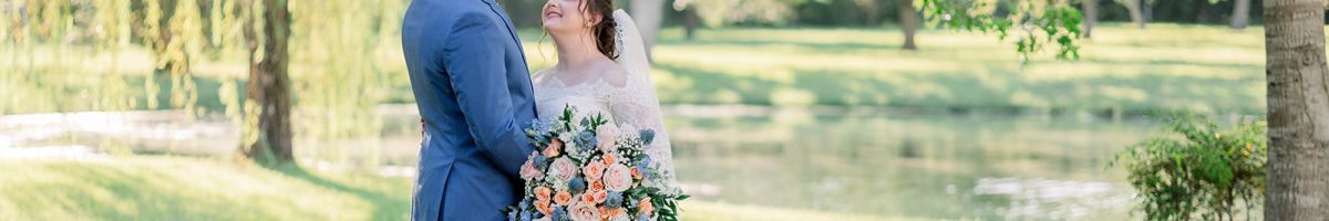 Wedding feature Leah and David at Kemah Gardens Couples photo with bride in Pronovias wedding dress